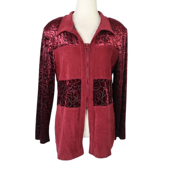 Vintage 90s New Ruby Burgundy Red Floral Velvet Faux Suede Blouse Top XL - Picture 1 of 6